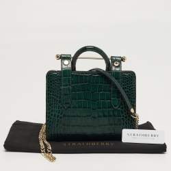 Pre Owned Strathberry Midi Nano Green Croc Embossed Leather Tote