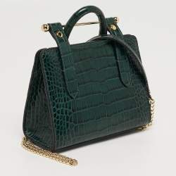 Pre Owned Strathberry Midi Nano Green Croc Embossed Leather Tote