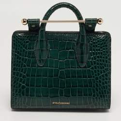 Pre Owned Strathberry Midi Nano Green Croc Embossed Leather Tote
