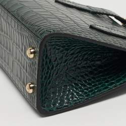 Pre Owned Strathberry Midi Nano Green Croc Embossed Leather Tote