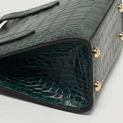 Pre Owned Strathberry Midi Nano Green Croc Embossed Leather Tote