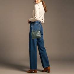 Pre Owned Strathberry Midi Nano Green Croc Embossed Leather Tote