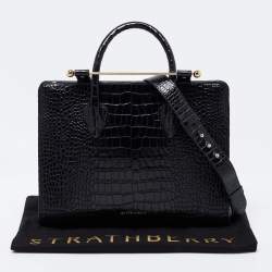 Pre Owned Strathberry Black Croc Embossed Leather Midi Tote