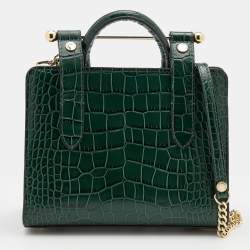 Pre Owned Strathberry Green Croc Embossed Leather Nano Midi Tote