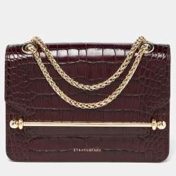 Strathberry Burgundy Croc Embossed Leather Mini East/West Shoulder Bag