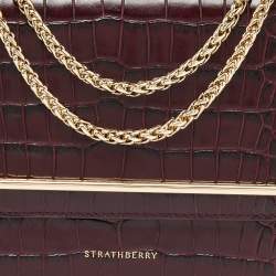 Strathberry Burgundy Croc Embossed Leather Mini East/West Shoulder Bag