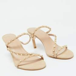 Stuart Weitzman Beige Suede Pearl Embellished Slide Sandals Size 41