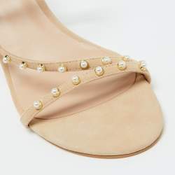 Stuart Weitzman Beige Suede Pearl Embellished Slide Sandals Size 41