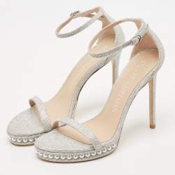 Stuart Weitzman Silver Glitter Nudistchains Ankle Strap Sandals Size 39