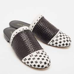Stuart Weitzman Black/White Woven Leather Indiana Flat Mules Size 36