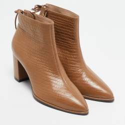 Stuart Weitzman Brown Croc Embossed Leather Ankle Length Boots Size 37.5
