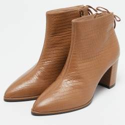 Stuart Weitzman Brown Croc Embossed Leather Ankle Length Boots Size 37.5