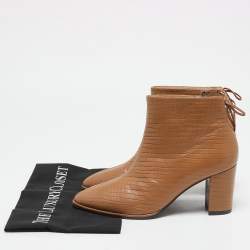 Stuart Weitzman Brown Croc Embossed Leather Ankle Length Boots Size 37.5