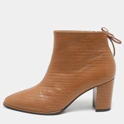 Stuart Weitzman Brown Croc Embossed Leather Ankle Length Boots Size 37.5