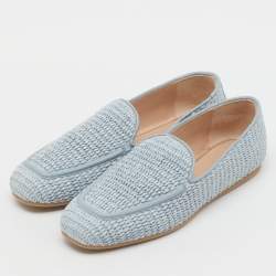 Pre Owned Stuart Weitzman Blue Raffia and Leather Smoking Slippers Size 37