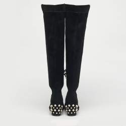 Pre Owned Stuart Weitzman Black Suede Pearl Studded Knee Length Boots Size 39