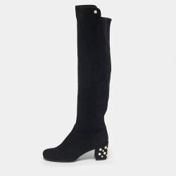 Pre Owned Stuart Weitzman Black Suede Pearl Studded Knee Length Boots Size 39