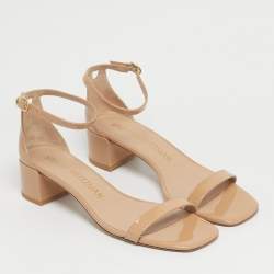 Pre Owned Stuart Weitzman Beige Leather Bambina Block Heel Ankle Strap Sandals Size 40