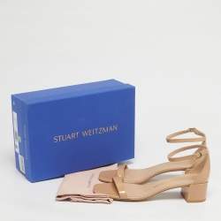 Pre Owned Stuart Weitzman Beige Leather Bambina Block Heel Ankle Strap Sandals Size 40