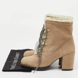 Pre Owned Stuart Weitzman Beige Suede and Shearling Fur Yukon Lace Up Ankle Boots Size 41