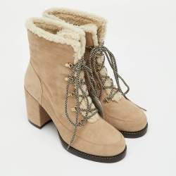 Pre Owned Stuart Weitzman Beige Suede and Shearling Fur Yukon Lace Up Ankle Boots Size 41