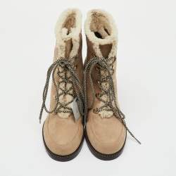 Pre Owned Stuart Weitzman Beige Suede and Shearling Fur Yukon Lace Up Ankle Boots Size 41