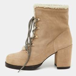 Pre Owned Stuart Weitzman Beige Suede and Shearling Fur Yukon Lace Up Ankle Boots Size 41