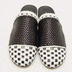 Pre Owned Stuart Weitzman Indiana Size 37.5 Black/White Woven Leather Mules