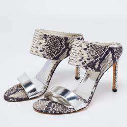 Stuart Weitzman Monochrome Python Embossed And Metallic Silver Leather Open Toe Sandals Size 37.5 