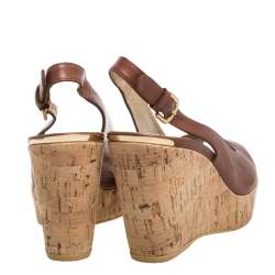 Stuart Weitzman for Russell & Bromley Brown Leather Cork Wedge Platform Slingback Sandals Size 38
