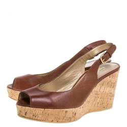 Stuart Weitzman for Russell & Bromley Brown Leather Cork Wedge Platform Slingback Sandals Size 38