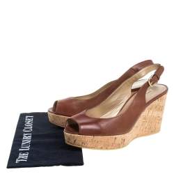 Stuart Weitzman for Russell & Bromley Brown Leather Cork Wedge Platform Slingback Sandals Size 38