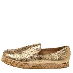 Pre Owned Stuart Weitzman Metallic Gold Leather Crystal Embellished Espadrille Flat Size 37