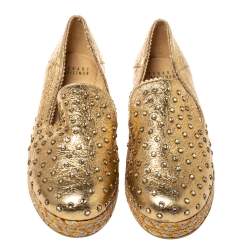 Pre Owned Stuart Weitzman Metallic Gold Leather Crystal Embellished Espadrille Flat Size 37
