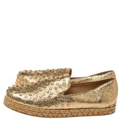 Pre Owned Stuart Weitzman Metallic Gold Leather Crystal Embellished Espadrille Flat Size 37