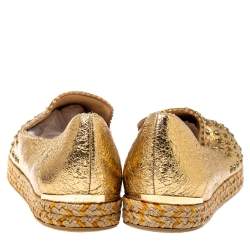 Pre Owned Stuart Weitzman Metallic Gold Leather Crystal Embellished Espadrille Flat Size 37