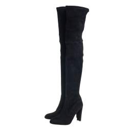 Pre Owned Stuart Weitzman Black Suede Leather Highland Over The Knee Boots Size 39.5