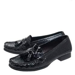 Stuart Weitzman Black Python Embossed Leather Tassel Loafers Size 37