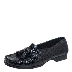Stuart Weitzman Black Python Embossed Leather Tassel Loafers Size 37