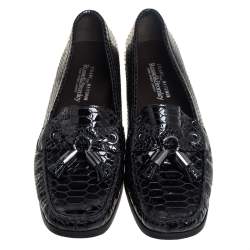 Stuart Weitzman Black Python Embossed Leather Tassel Loafers Size 37