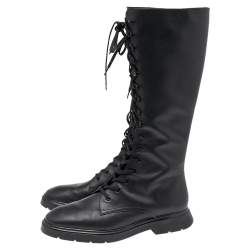 Stuart Weitzman Black Leather Knee Length Lace Up Boots Size 40