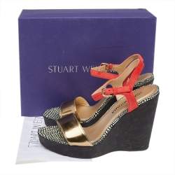 Stuart Weitzman Gold/Orange Leather Cork Wedge Platform Ankle Strap Sandals Size 40