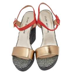 Stuart Weitzman Gold/Orange Leather Cork Wedge Platform Ankle Strap Sandals Size 40