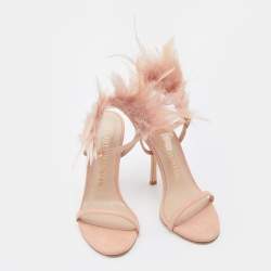 Stuart Weitzman Pink Suede and Feather Ricki Ankle Strap Sandals Size 37.5