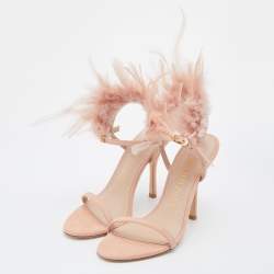 Stuart Weitzman Pink Suede and Feather Ricki Ankle Strap Sandals Size 37.5