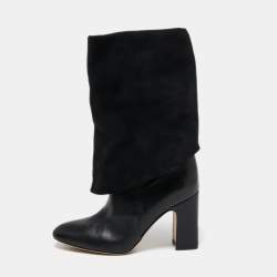 Stuart Weitzman Black Leather and Suede Lucinda Fold-over Boots  Size 38