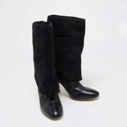 Stuart Weitzman Black Leather and Suede Lucinda Fold-over Boots  Size 38