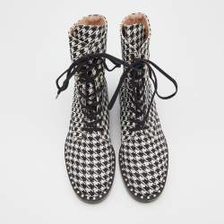 Stuart Weitzman Black/White Houndstooth Fabric Lace Up Ankle Length Boots Size 38.5
