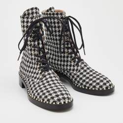 Stuart Weitzman Black/White Houndstooth Fabric Lace Up Ankle Length Boots Size 38.5