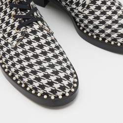 Stuart Weitzman Black/White Houndstooth Fabric Lace Up Ankle Length Boots Size 38.5